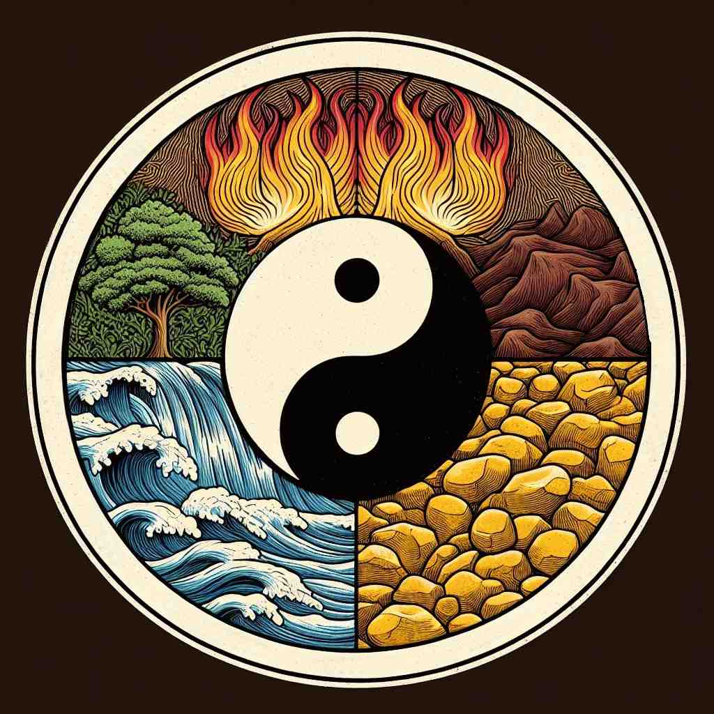 Die 5 Elemente (Feuer, Erde, Metall, Wasser und Holz) sind im Kreis um das Yin-Yang Symbol angeordnet sind.